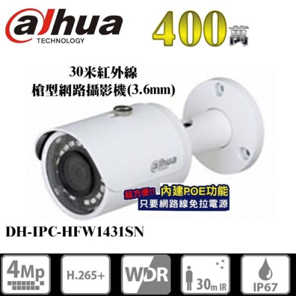 大華 Dahua DH-IPC-HFW1431SN 400萬畫素 30米紅外線 槍型網路攝影機(3.6mm) POE