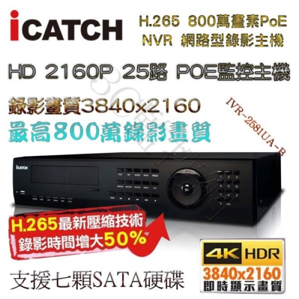 ICATCH IVR-2581UA-B Ultra 25路 H.265 800萬 4K PoE NVR 網路型錄影主機