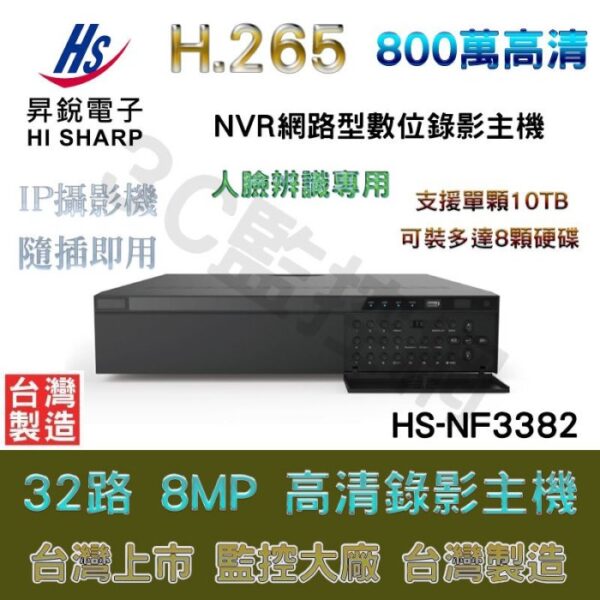 昇銳 Hi-Sharp HS-NF3382 32路 800萬 8MP 人臉辨識專用 支援8顆硬碟 NVR 網路型錄影主機