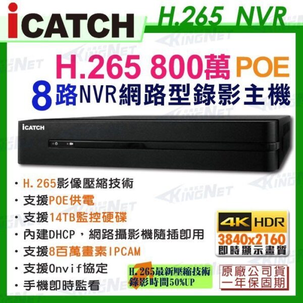 ICATCH IVR-0861QC-102U 8路 H.265 800萬畫素 PoE NVR 網路型錄影主機