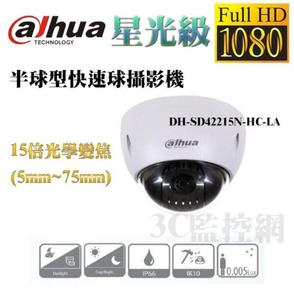 大華 Dahua DH-SD42215N-HC-LA 200萬 星光級 半球型快速球攝影機 15倍變焦5mm~75mm