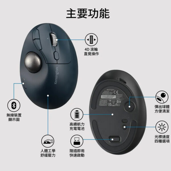 Kensington TB550人體工學無線拇指軌跡球滑鼠 K72196：圖片 2