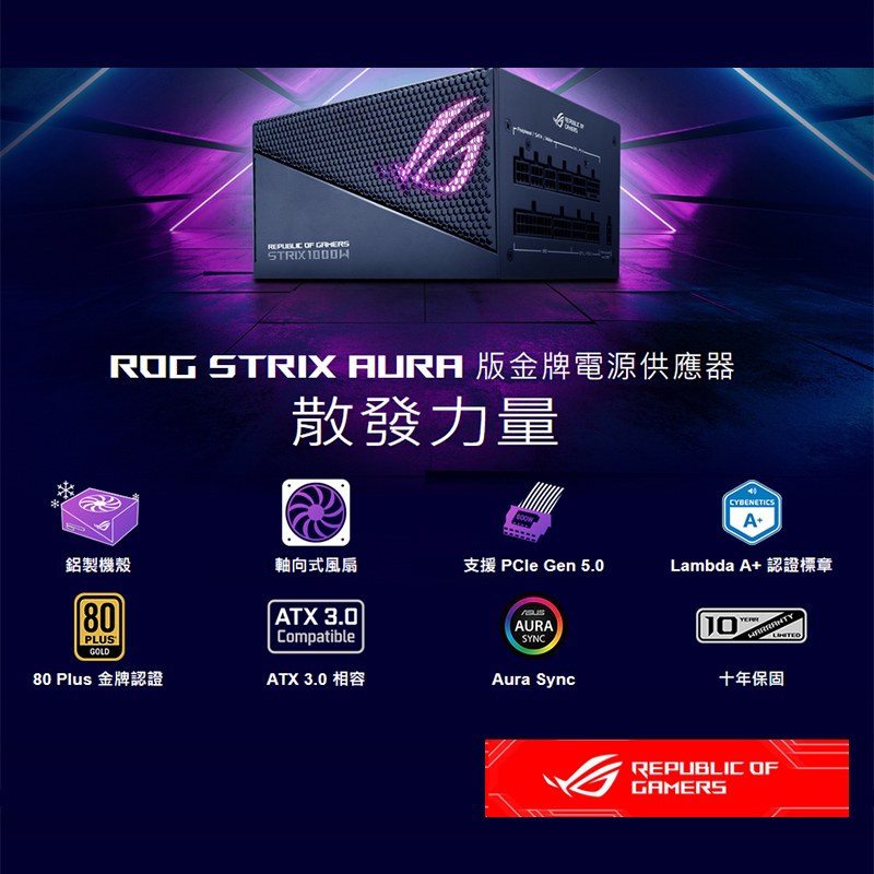 ASUS 金牌 80plus 電源供應器 ROG STRIX 1000W AURA GAMING Lambda A+:圖片 3